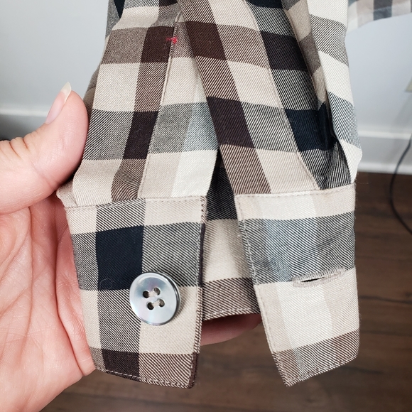 Vintage 90's Designer Dana Buchman Brown & Cream Plaid Silk Button Down Top 6 - Picture 13 of 16